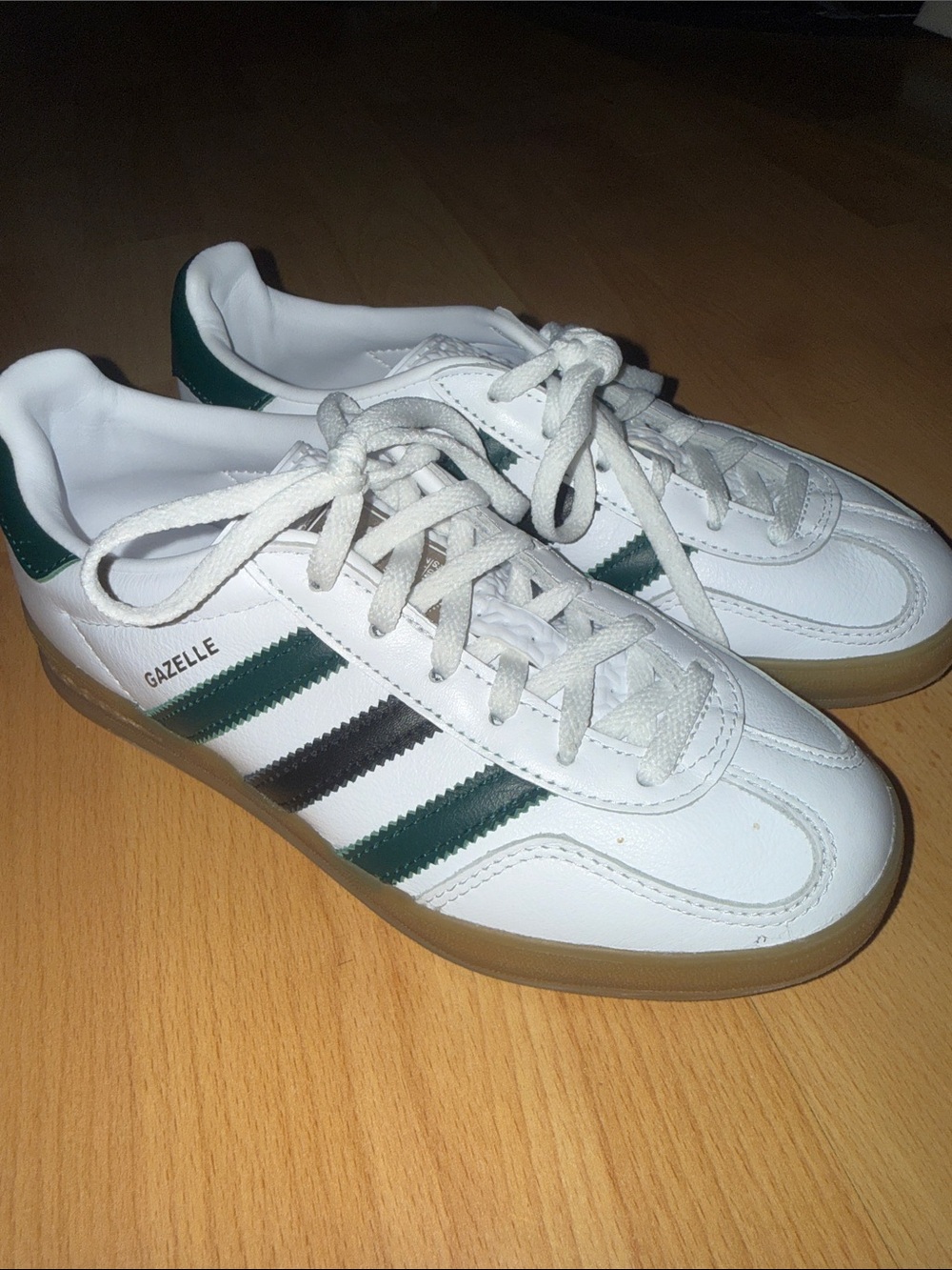 adidas Gazelle White Sneakers with Green & Black Stripes
